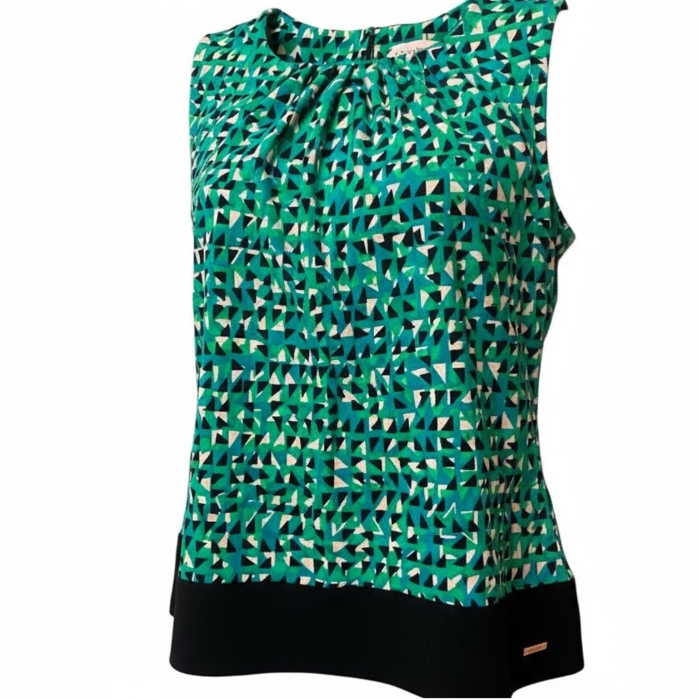 Calvin Klein Top Green/Teal/Black Bordered Pleated Neck Sleeveless EUC Size Sm - Picture 10 of 13